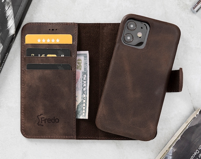 Magnetic Detachable Wallet Phone Case with Card Slots Full Genuine Leather iPhone 12 Mini Vintage Brown iPhone 12 Mini Back Cover 5.4