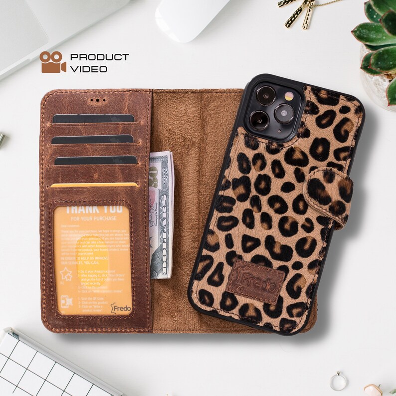 iPhone 12 Pro Leather Case Leopard Furry | iPhone 12 Mini | iPhone 12 ProMax  Magnetic Detachable Wallet Card Slots Back Cover Phone Cases 