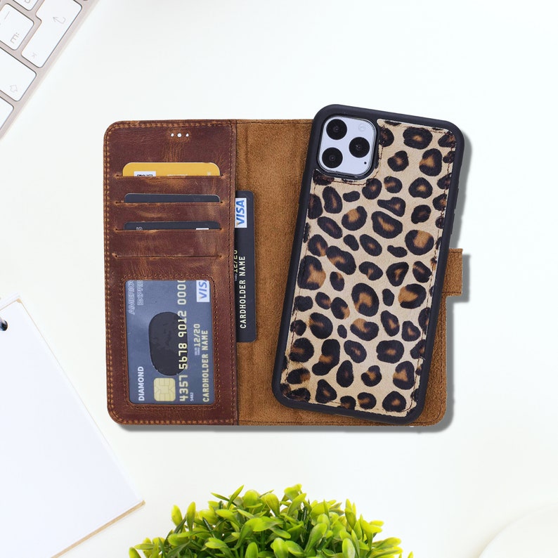 iPhone 11 Pro Max Leather Case Leopard Furry | iPhone 11 | iPhone 11 Magnetic Detachable Wallet Card Slots Back Cover Phone Cases 