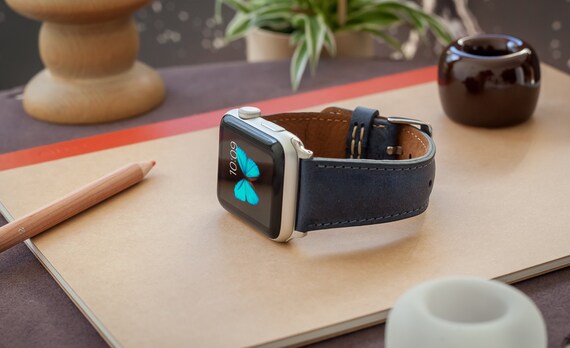 Navy Blue Leather Apple Watch Band 44mm 
