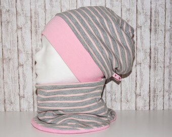 sombrero de invierno, sombrero de los niños, gorro, bufanda deslizante, lazo, gris claro, a rayas, KU 51 - 53 cm