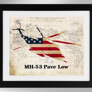 May include: A vintage world map with an American flag design in the shape of a helicopter. The text "MH-53 Pave Low" is printed below the helicopter.