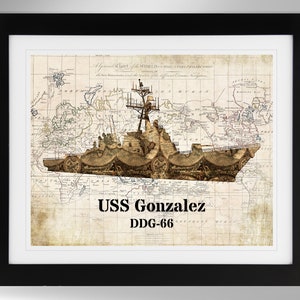 USS Gonzalez Guided Missile Destroyer Map-Flag Silhouette Print Wall Art (4 Options), DDG-66, Arleigh Burke Class, (#743), Not Framed