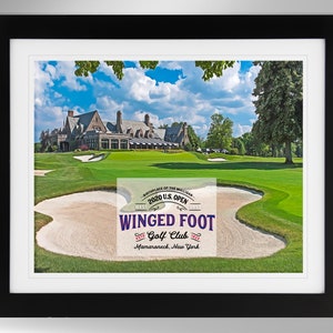 May include: A framed print of a golf course with a large building in the background. The print features the text "Winged Foot Golf Club, Mamaroneck, New York" and "Birthplace of the 2020 U.S. Open".