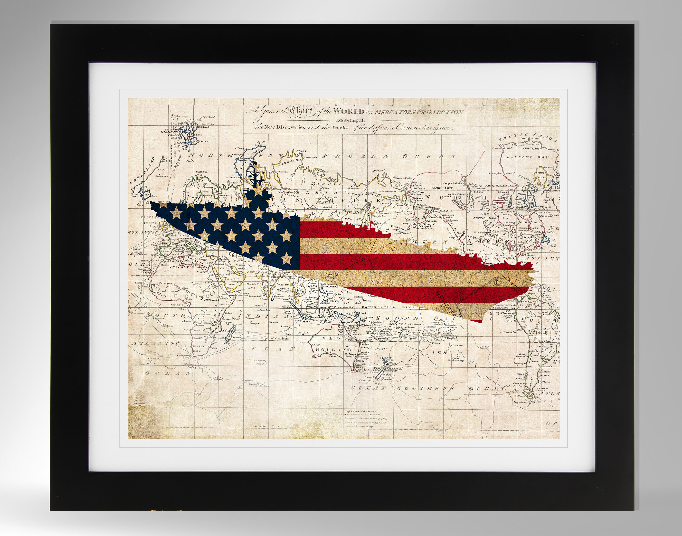 【米軍放出品】 USAヴィンテージ 海洋版画 金彩額装アート　座間基地 USS George Washington Aircraft Carrier Map/flag Print Wall Art (2