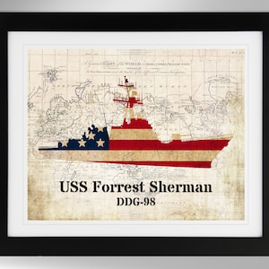 USS Forrest Sherman Guided Missile Destroyer Silhouette Print Wall Art (6 Options), Arleigh Burke Class, (#783), Not Framed