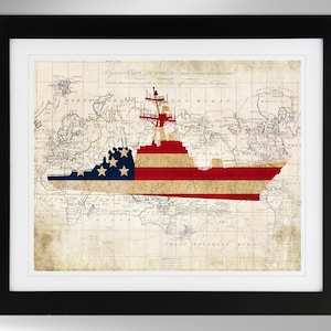 USS Ross Guided Missile Destroyer Map-Flag Silhouette Print Poster Wall Art (4 Options), DDG-71, Arleigh Burke Class, (#748), Not Framed
