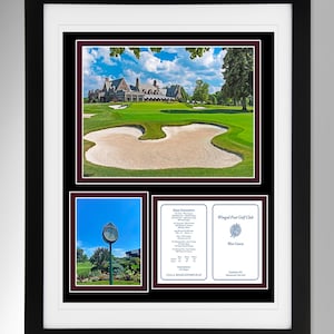 May include: A framed collage of images featuring Winged Foot Golf Club. The top image shows a green golf course with a sand trap and a building in the background. The left image shows a clock tower on the golf course. The right image shows a card with the text "Winged Foot Golf Club" and "Blue Course".