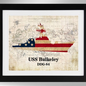 USS Bulkeley Guided Missile Destroyer Map-Flag Silhouette Print Wall Art (4 Options), DDG-84, Arleigh Burke Class, (#762), Not Framed