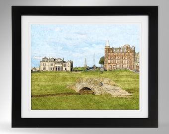 St. Andrews Golf Club Wall Art - Soft Pencil Sketch Effect Print (2 Options), Swilcan Bridge, British Open Wall Art, (#394), Not Framed