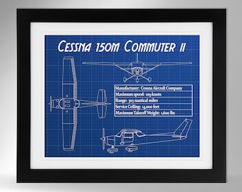 Cessna 150M Commuter II Airplane w/Specifications Print - Multiple Options (#550), Cessna 150, Civil Aviation Print Art, Not Framed