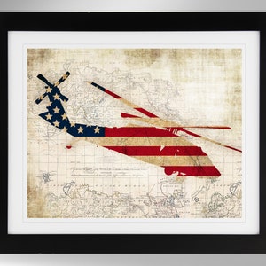 UH-60 Black Hawk Hubschrauber Wandkunst - Black Hawk Vintage Karte / Flagge Druck - 2 Optionen, UH60 Black Hawk, US Army, (#421), Ungerahmt