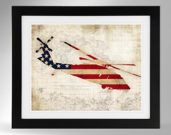 UH-60 Black Hawk Helicopter Wall Art - Black Hawk Vintage Map/Flag Print - 2 Options, UH60 Black Hawk, US Army, (#421), Not Framed