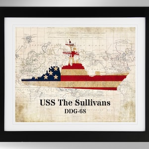 USS The Sullivans Guided Missile Destroyer Map-Flag Silhouette Print Wall Art (4 Options), DDG-68, Arleigh Burke Class, (#745), Not Framed