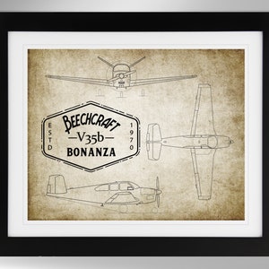 Beechcraft Bonanza V35B Airplane Print with Label - Multiple Options (#556), Private Pilot Gift, Not Framed