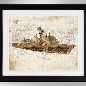 May include: A vintage world map with a steampunk-style ship superimposed on top. The ship is made of gears, cogs, and other mechanical parts. The map is in shades of brown and beige, with a distressed look.