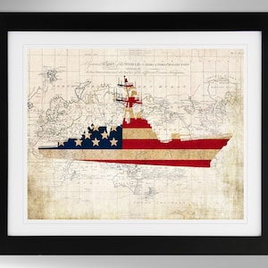 USS Kidd Guided Missile Destroyer Map-Flag Silhouette Print Wall Art (6 Options), DDG-100, Arleigh Burke Class, (#761), Not Framed