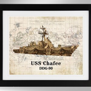 Impresión de arte mural con silueta de mapa y bandera del destructor de misiles guiados USS Chafee (4 opciones), DDG-90, clase Arleigh Burke (n.° 774), sin marco
