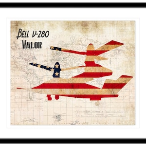 Arte mural V-280 - Impresión de doble exposición del mapa vintage Bell V-280 Valor con bandera estadounidense, arte de la Fuerza Aérea, V-280 Valor (n.° 177), sin marco