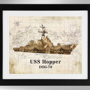 USS Hopper Guided Missile Destroyer Map-Flag Silhouette Print Wall Art (4 Options), DDG-70, Arleigh Burke Class, (#747), Not Framed