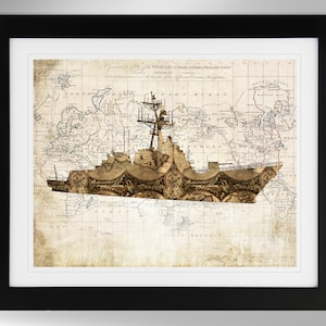 USS Ramage Guided Missile Destroyer Map and Flag Silhouette Print Wall Art (4 Options), DDG-61, Arleigh Burke Class, (#726), Not Framed