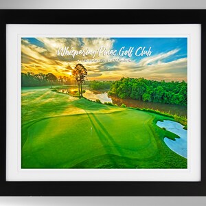 May include: An aerial view of a golf course with a green fairway, a pond, and trees. The sky is blue with white clouds. The text "Whispering Pines Golf Club - 14th Hole - Par 4 - 430 Yards" is written on the image.