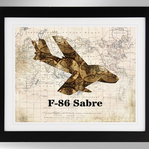 North American F-86 Sabre Wall Art Map Print (2 Options), Sabrejet, USAF, F86, United States Air Force (#355), Not Framed