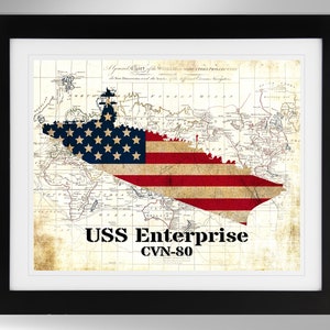 USS Enterprise Aircraft Carrier Map/Flag Wall Art Print (2 Options), US Navy, CVN-80, Gerald R. Ford Class (#449), Not Framed