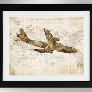May include: A vintage world map with an aeroplane silhouette overlaid on top. The aeroplane is made up of smaller maps, creating a layered effect. The map is in shades of brown and cream, with a distressed look.