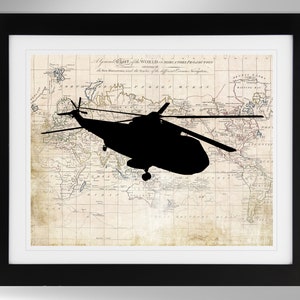 Sikorsky SH-3 Sea King Hubschrauber Silhouette auf Vintage Karte Wand Kunst Druck Poster (6 Optionen), US Navy, (#859), ASW, Ohne Rahmen