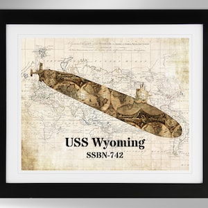 Carte du sous-marin antimissile balistique de l'USS Wyoming et impression d'art mural silhouette de drapeau (4 options), Marine américaine, SSBN-742, classe Ohio (n° 536), sans cadre