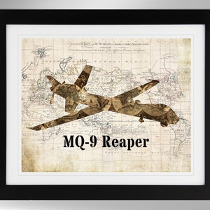 General Atomics MQ-9 Reaper silhouet op vintage kaart print kunst-6 opties, drone, UAV, US Air Force (#237), niet ingelijst