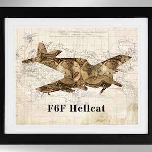 Grumman F6F Hellcat Wall Art Map Print (2 Options), US Navy, USMC, WWII Fighter, Zero Killer, Ace Maker (#430), Not Framed