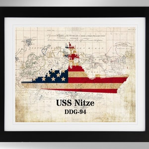 USS Nitze Guided Missile Destroyer Map-Flag Silhouette Print Wall Art (6 Options), DDG-94, DDG94, Arleigh Burke Class, (#779), Not Framed