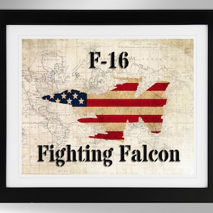 Impression d&#39;art murale F-16 - Impression vintage carte et drapeau General Dynamics F-16 - 2 options (#171), cadeau pilote, impression F16, affiche F16, sans cadre