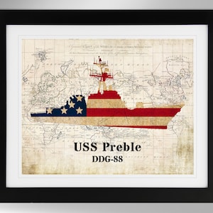USS Preble Guided Missile Destroyer Map-Flag Silhouette Print Wall Art (4 Options), DDG-88, Arleigh Burke Class, (#766), Not Framed