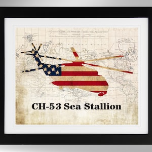 Sikorsky CH-53 Sea Stallion Hubschrauber Silhouette auf Vintage Karte Wand Kunst Druck, US Marines, USMC (#317), Ungerahmt