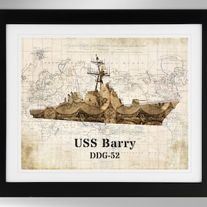 USS Barry Guided Missile Destroyer Map and Flag Silhouette Print Wall Art (4 Options), DDG-52, Arleigh Burke Class, (#728), Not Framed