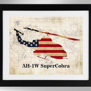 Bell AH-1 SuperCobra Attack Helicopter Wall Art Map/Flag Print (2 Options), AH-1W, USMC (#437), Not Framed