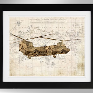 Boeing CH-47 Chinook Wall Art - Silhouette on Vintage Map Art - 6 Options, CH47 Chinook, Vertol, US Army (#246), Not Framed