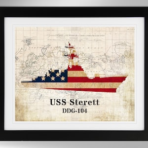 USS Sterett Guided Missile Destroyer Silhouette Print Wall Art (6 Options), Arleigh Burke Class, DDG-104, DDG104, (#788), Not Framed