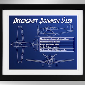 Beechcraft Bonanza V35B Airplane Specifications Print - Multiple Options (#554), Private Pilot Gift, Not Framed