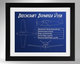 Impresión de especificaciones del avión Beechcraft Bonanza V35B (varias opciones, n.° 554), regalo para piloto privado (sin marco)