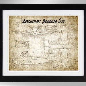 Beechcraft Bonanza V35 Airplane Sketch Print - Multiple Options (#646), Beechcraft Bonanza, Patent, Da Vinci Sketch, Not Framed