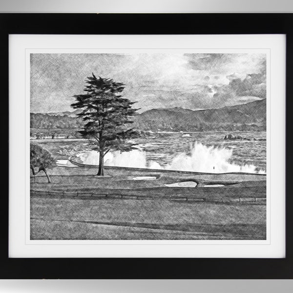 Pebble Beach Golf Links Wall Art - 18th Hole Pencil Sketch Effect Print (2 Options), US Open Art, (#398), Not Framed