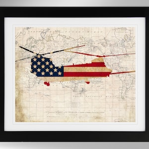 Boeing MH-47 Chinook Wall Art - Globes/Flag Silhouette Vintage Map Art Print - 4 Options, MH47 Chinook, US Marine Corps (#247), Not Framed