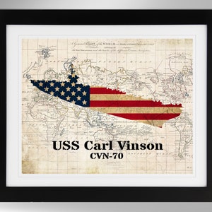 USS Carl Vinson Aircraft Carrier Map/Flag Print Wall Art (2 Options), US Navy, CVN-70, Nimitz Class (#453), Not Framed