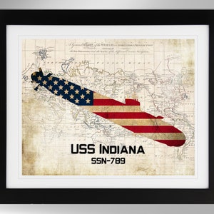 May include: A vintage world map with a red, white, and blue American flag shaped like a submarine. The text "USS INDIANA SSN-789" is printed below the submarine.