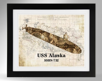 USS Alaska Ballistic Missile Submarine Map and Flag Silhouette Print Wall Art (4 Options), US Navy, SSBN-732, Ohio Class (#505), Not Framed