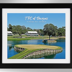 Può includere: Una stampa incorniciata di un campo da golf con un lago ed erba verde. La stampa presenta il testo "TPC at Sawgrass - 17th Hole - Par 3 - 137 Yards - "
